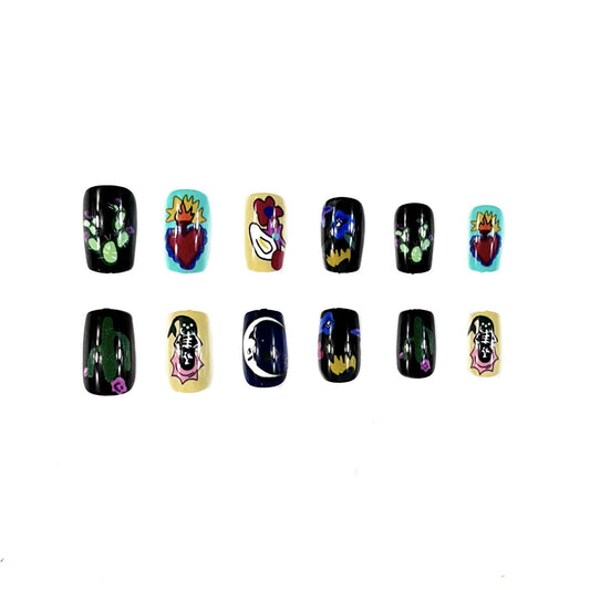 Bohemian Chic Medium Oval Black and Pastel Colorful Artistic Press On Nail Set with Unique Floral and Heart Designs