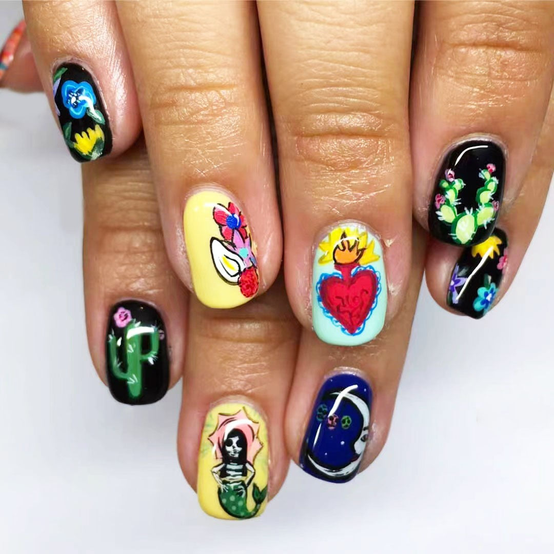 Bohemian Inspired Medium Oval Press On Nail Set Multicolor Vibrant Floral and Artistic Designs