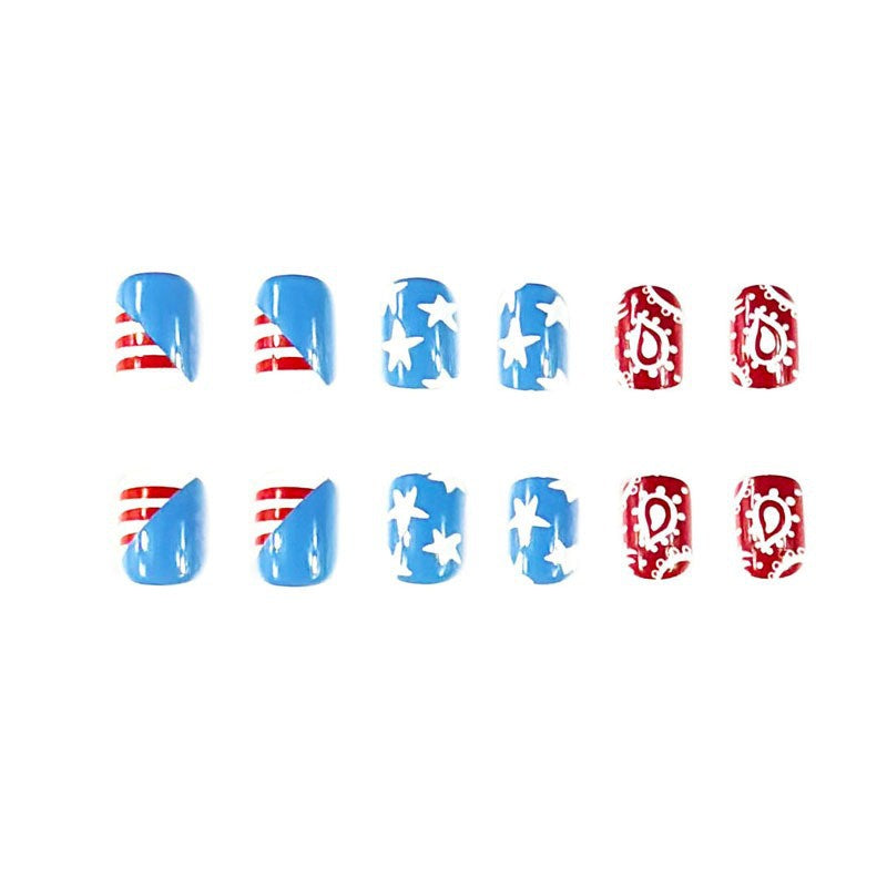 Patriotic Celebration Short Square Blue Red and White Press On Nail Set with Star and Stripe Designs
