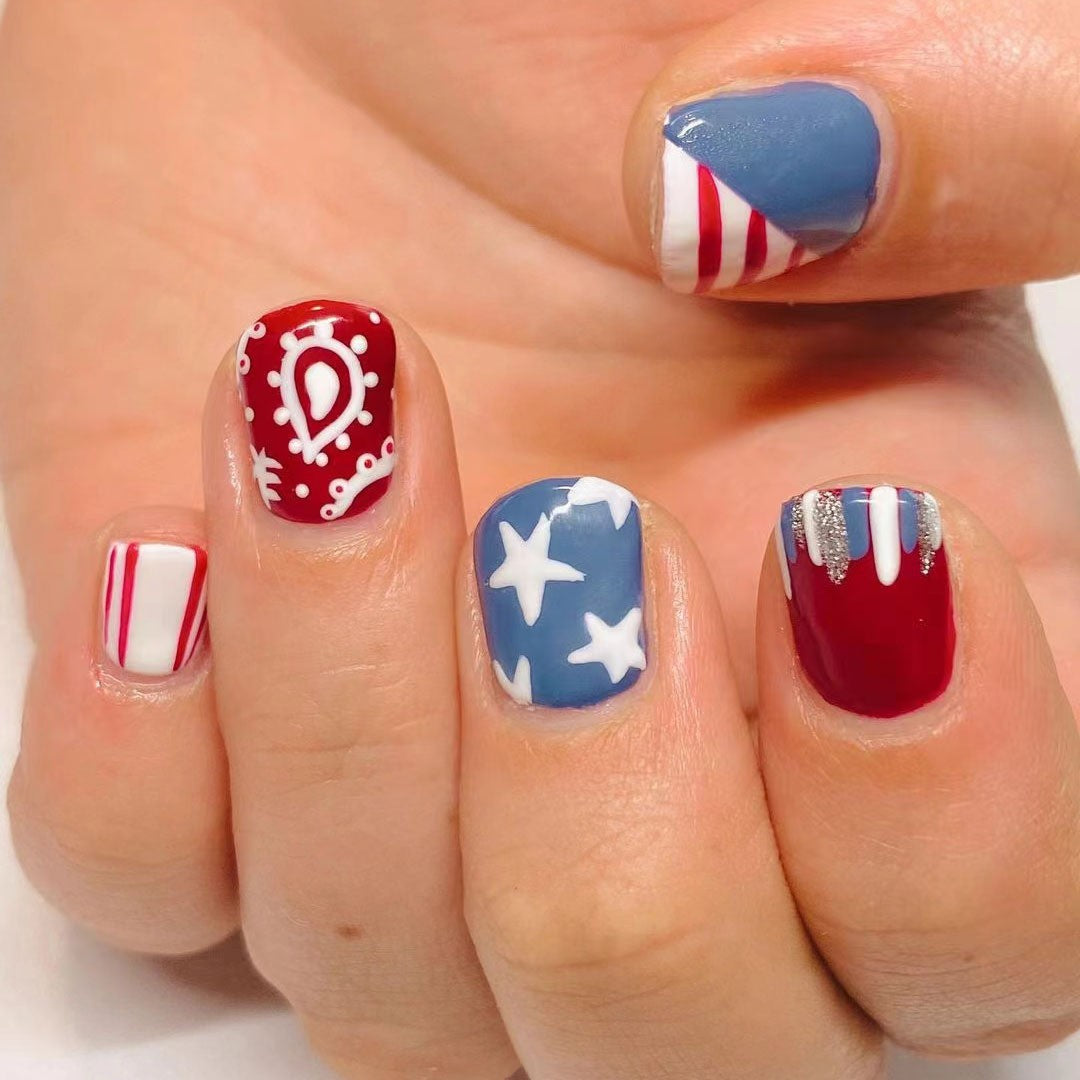 Patriotic Celebration Short Square Red Blue and White Press On Nail Set with Star and Stripe Designs
