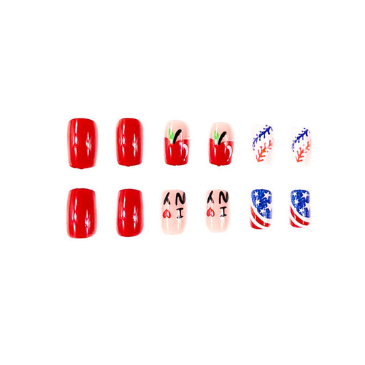 Summer Picnic Red Coffin Long Press On Nail Set with Cute Fruit and Flag Designs
