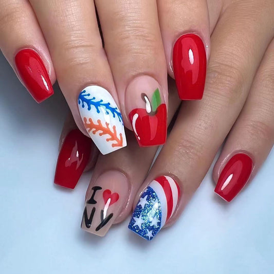 New York Inspired Long Coffin Red Press On Nail Set Featuring Unique Hand-Painted Designs
