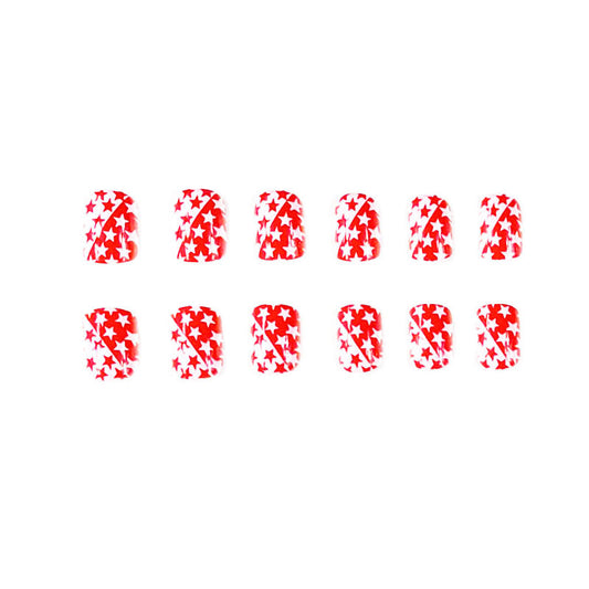 Starry Night Delight Medium Oval Red and White Press On Nail Set with Dazzling Star Design