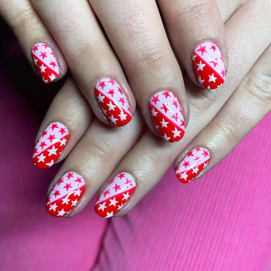 Starry Romance Medium Oval Pink and Red Press On Nail Set with Glittery Star Accents