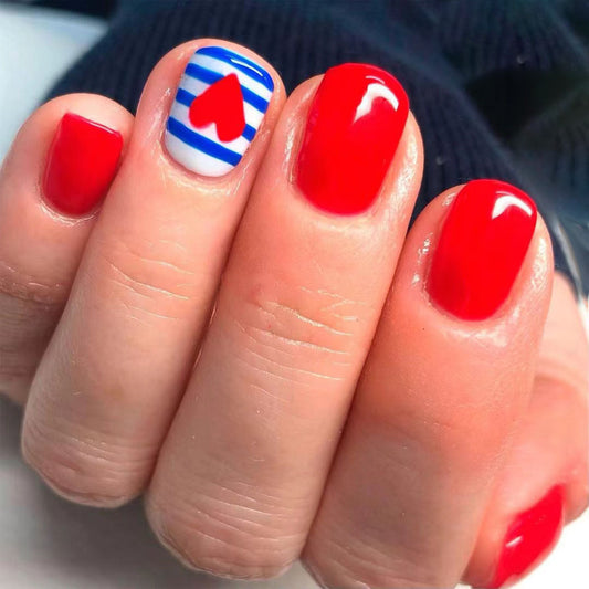 Ocean Breeze Short Oval Red and Blue Heart Press On Nail Set