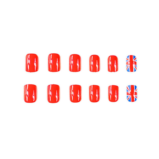 London Calling Bold Red Square Press On Short Nail Set with Unique Union Jack Accent Design
