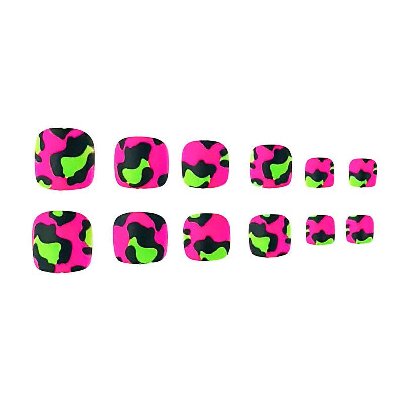 Vibrant Jungle Square Short Press On Nail Set in Neon Pink Green and Black Camo Design for Bold Nail Art Enthusiasts