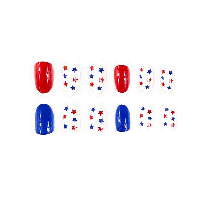 Festive Celebration Press On Nail Set Medium Oval Red Blue and White with Star Pattern