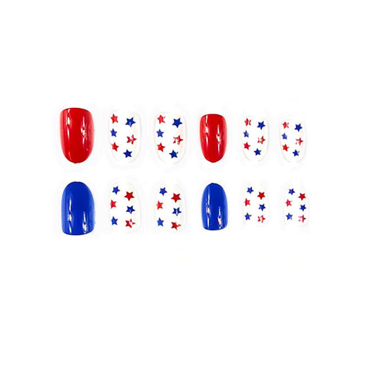 Festive Celebration Press On Nail Set Medium Oval Red Blue and White with Star Pattern