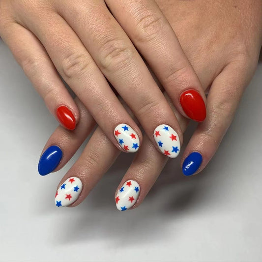 Patriotic Celebration Oval Long Red Blue and White Star Themed Press On Nail Set