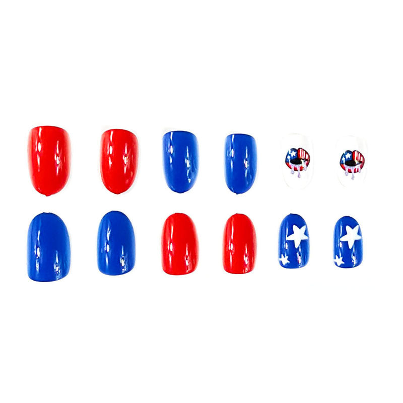Patriotic Celebration Press On Nail Set Medium Oval Red and Blue with Star and Lip Designs