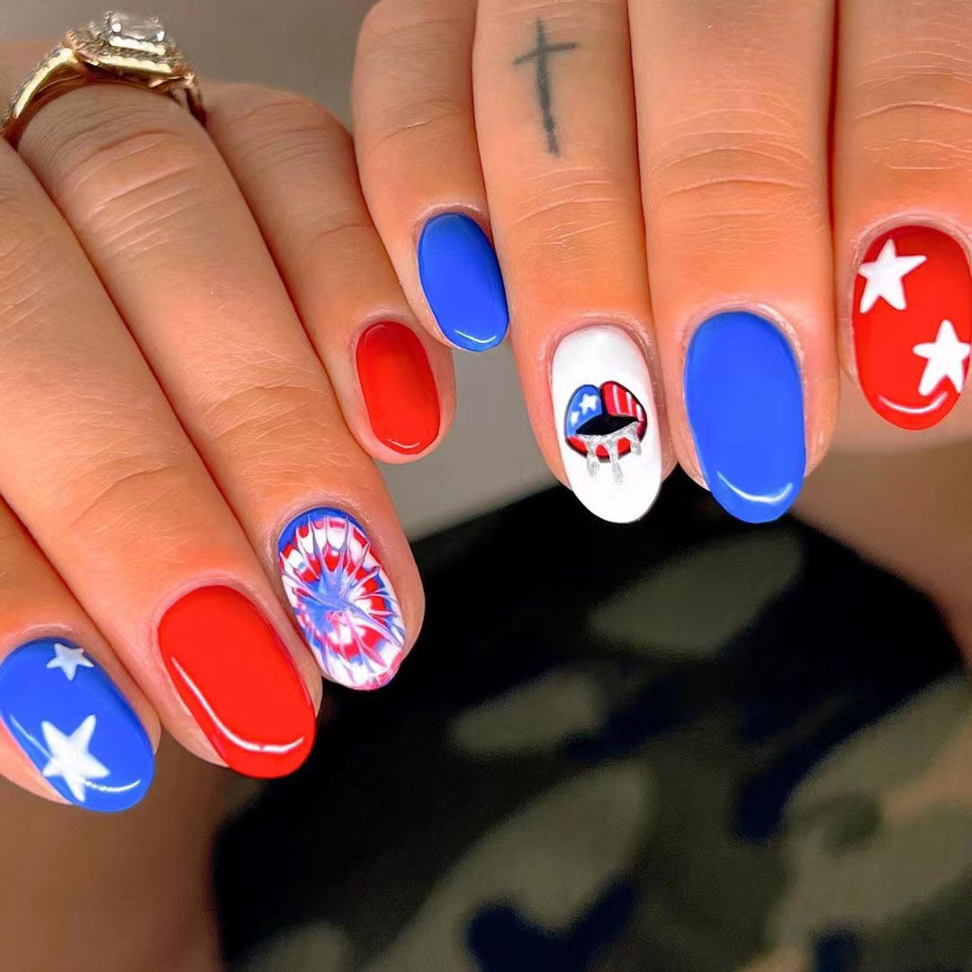 Patriotic Oval Press On Medium Nail Set Red Blue and White with Star and Stripes Design