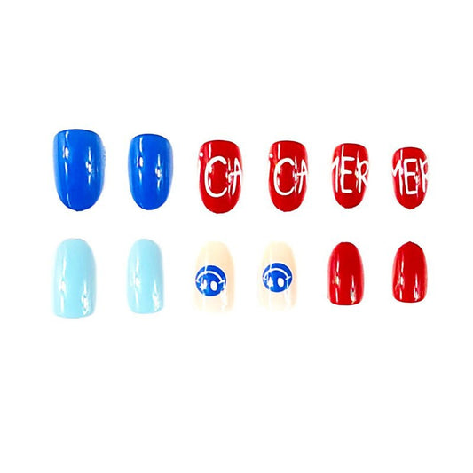 Vibrant Festival Ready Medium Oval Blue Red and Cream Press On Nail Set with Fun Graphic Designs