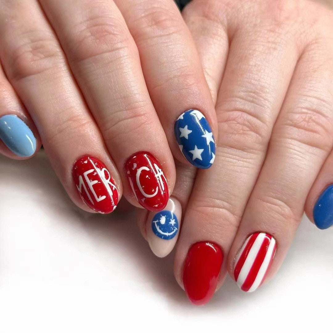 Patriotic Oval Red White and Blue Press On Medium Nail Set with Star and Stripes Design for Festive Celebrations