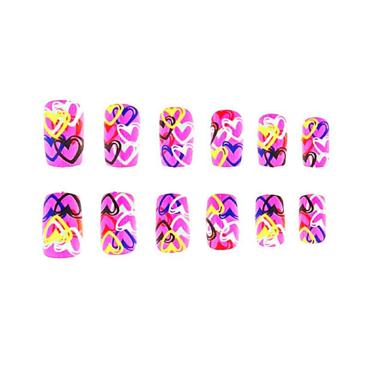 Love in Bloom Long Square Pink Heart Pattern Press On Nail Set with Colorful Artistic Designs