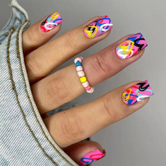 Vibrant Heartbeat Long Square Colorful Abstract Art Press On Nail Set