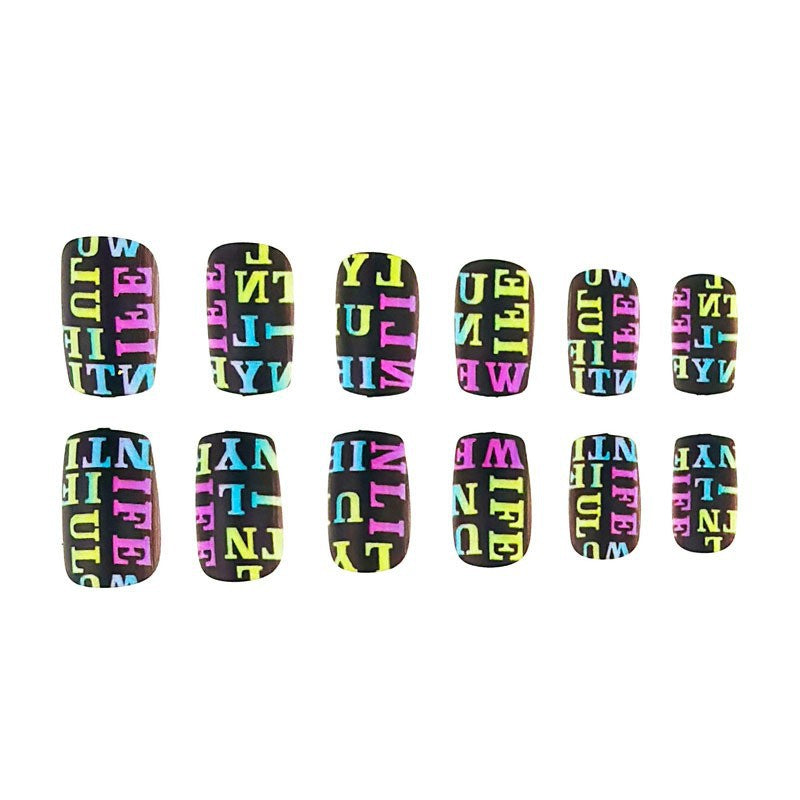 Vibrant Expressions Medium Square Black Press On Nail Set with Colorful Lettering Motif