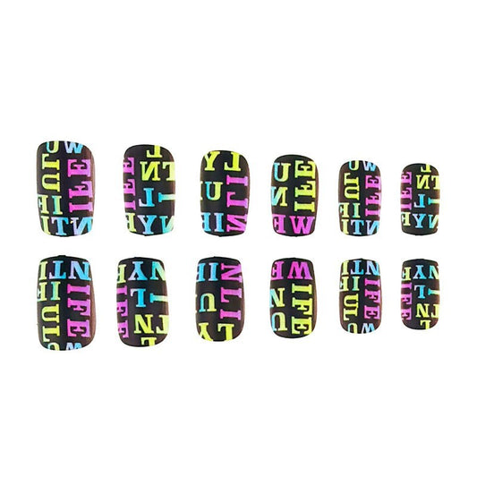Vibrant Expressions Medium Square Black Press On Nail Set with Colorful Lettering Motif