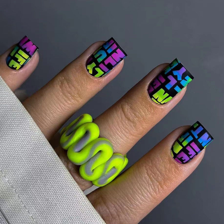 Vibrant Graffiti Themed Medium Square Neon Press On Nail Set with Eye-Catching 3D Design