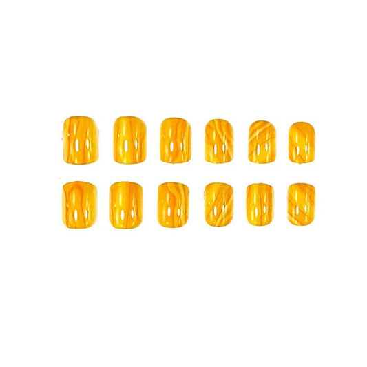 Sunny Delight Short Oval Yellow Press On Nail Set with Unique Swirl Design