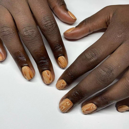 Woodland Bliss Short Oval Beige Press On Nail Set with Natural Marble Design