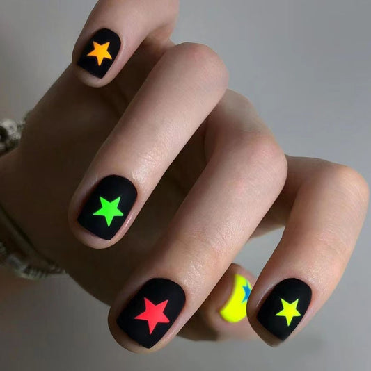 Cosmic Glow Square Press On Nail Set Short Length Black Neon Stars and Moon Design