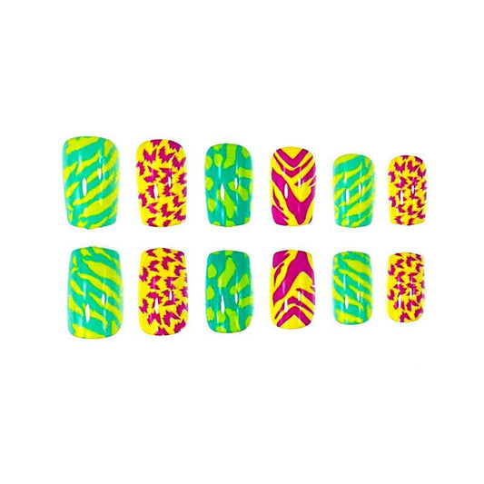 Tropical Vibe Long Square Press On Nail Set in Bright Green and Yellow with Unique Animal Print Design