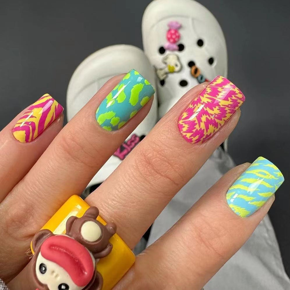 Vibrant Jungle Paradise Square Press On Nail Set Long Colorful Patterns with Funky Animal Print Designs