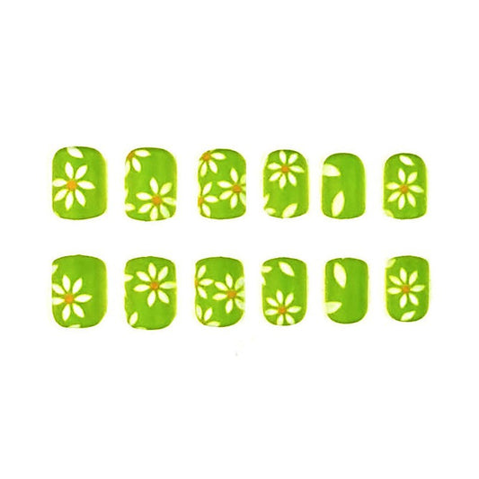 Springtime Delight Short Square Green Floral Press On Nail Set with Unique Cutout Design