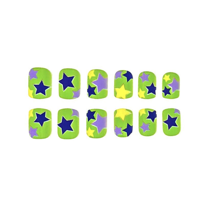 Celestial Dreams Short Square Vibrant Green with Starry Patterns Press On Nail Set