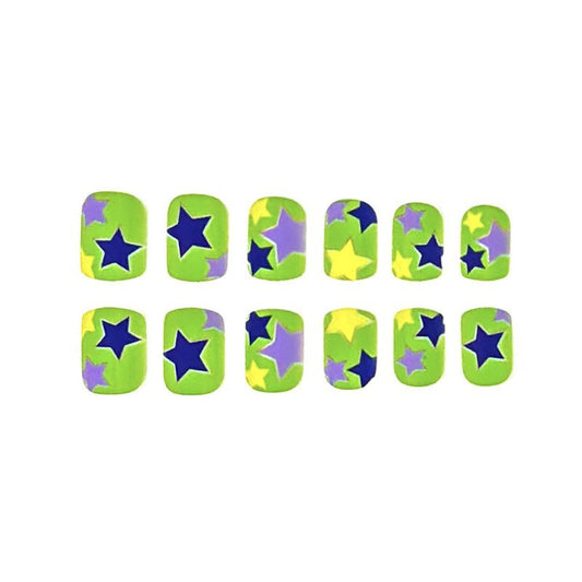 Celestial Dreams Short Square Vibrant Green with Starry Patterns Press On Nail Set