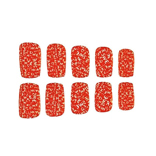Sweetheart Vibes Short Oval Bright Red Press On Nail Set with Whimsical Written Pattern