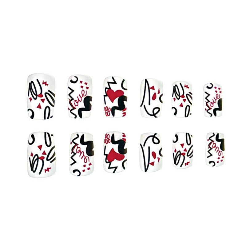 Love Story Medium Square White and Red Press On Nail Set with Unique Abstract Patterns