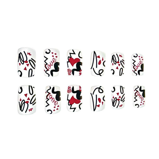 Love Story Medium Square White and Red Press On Nail Set with Unique Abstract Patterns