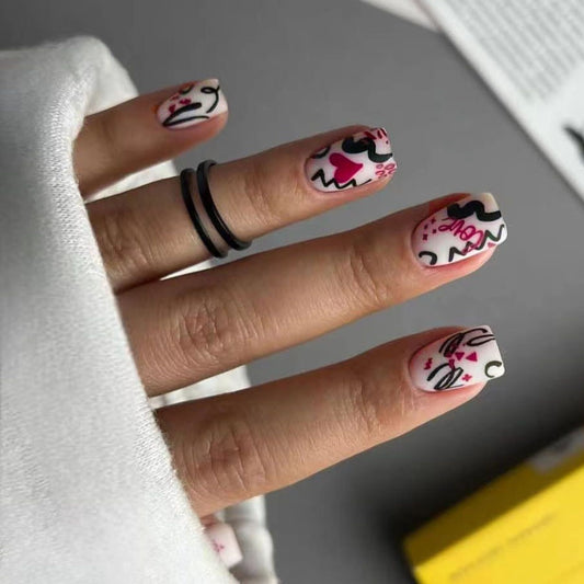 Bold Love Theme Square Shape Medium Length White and Pink Heart Pattern Press On Nail Set