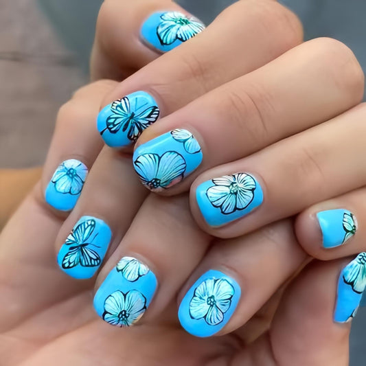 Whimsical Butterfly Garden Short Square Blue Floral Press On Nail Set with Intricate Hand Drawn Designs