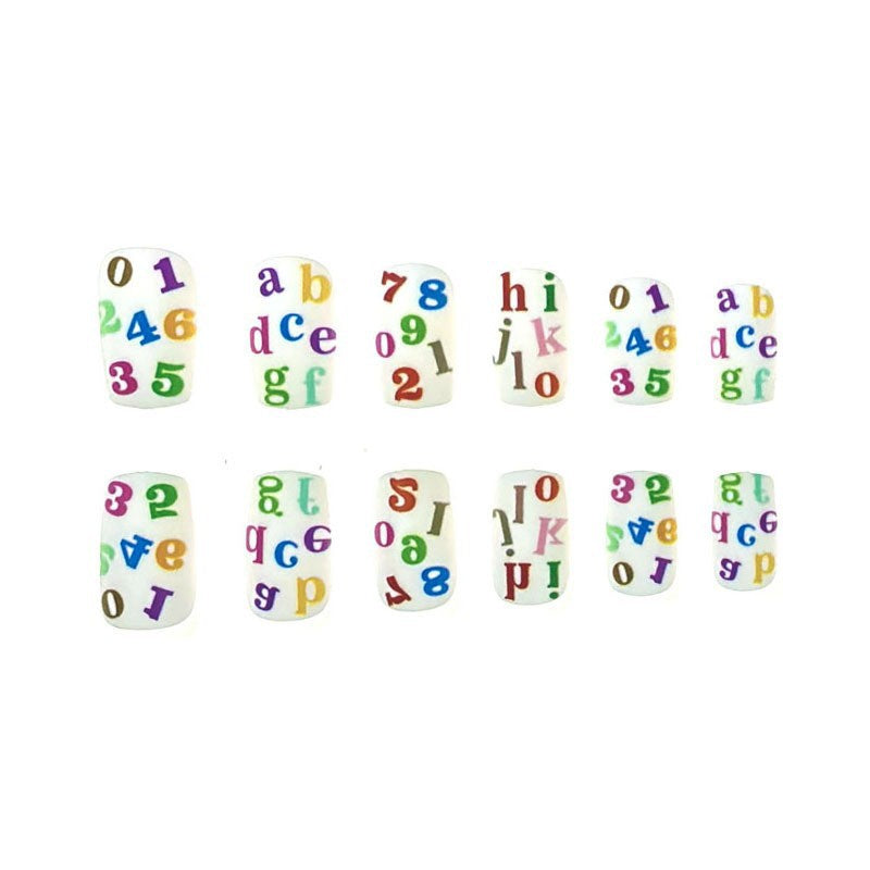 Whimsical Alphabet and Number Press on Nail Set Medium Square Multi-Colored with Fun Educational Design