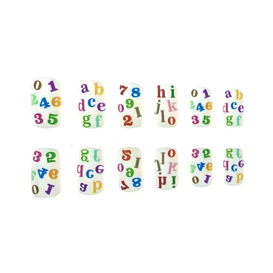 Whimsical Alphabet and Number Press on Nail Set Medium Square Multi-Colored with Fun Educational Design