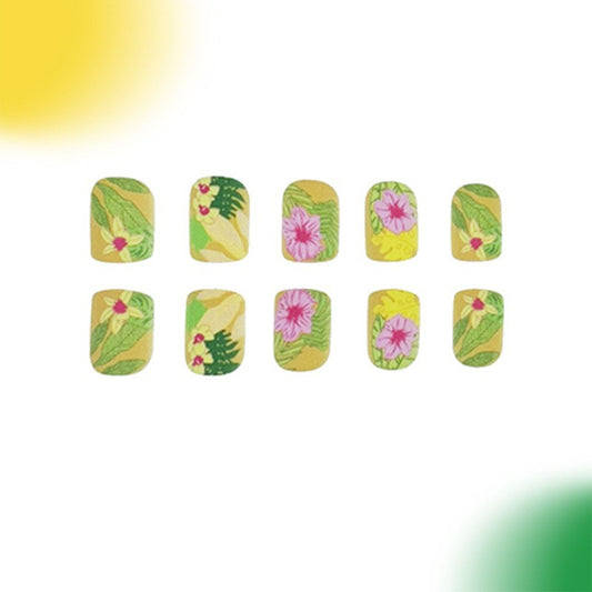 Tropical Paradise Short Square Press On Nail Set in Yellow with Floral Design and Leaf Patterns