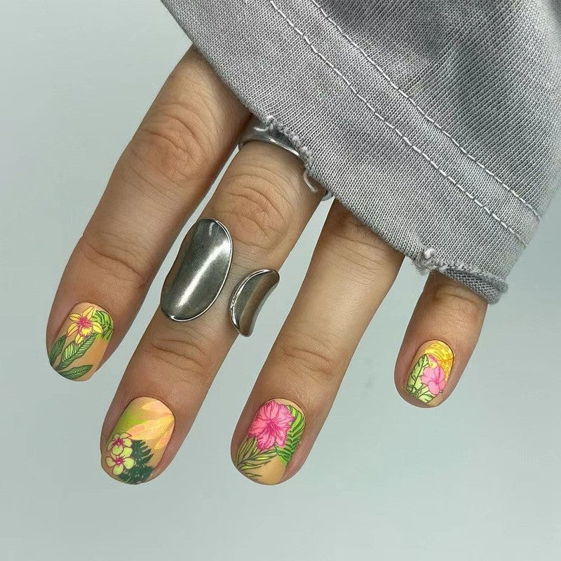 Tropical Garden Short Square Yellow Floral Press On Nail Set with Vibrant Botanical Design
