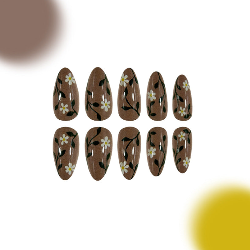Nature's Blossom Long Almond Brown Floral Press On Nail Set with Elegant White Flower Accents