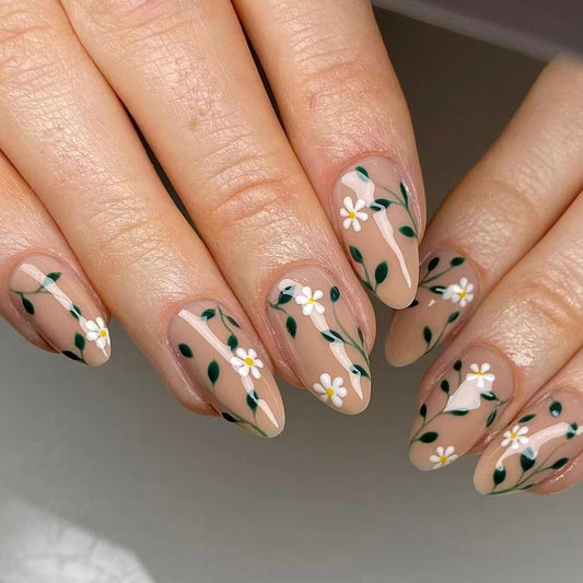 Whimsical Floral Elegance Long Almond Beige Press On Nail Set with Green Vines and White Blooms