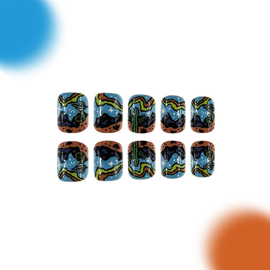 Desert Dreams Short Oval Blue and Brown Press On Nail Set with Colorful Cactus and Mountain Design