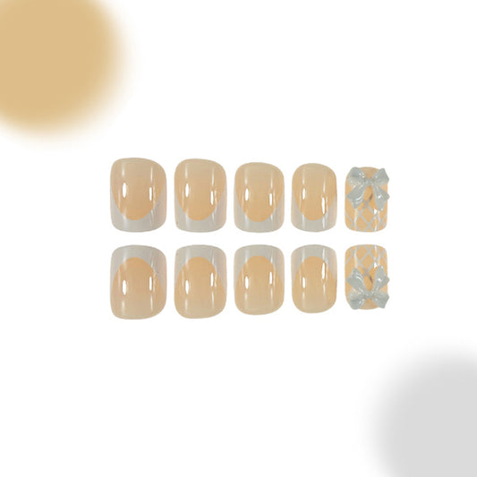 Whimsical Elegance Medium Square Beige Press On Nails with Lace Bow Design
