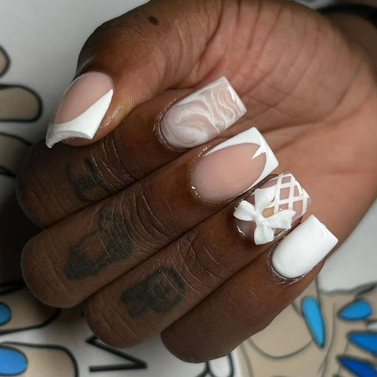 Elegant Bridal Dream Medium Square White Nails with Unique Floral and Marble Designs