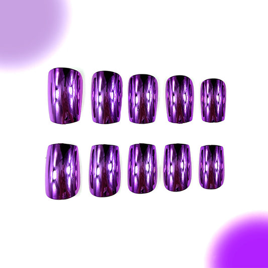 Cosmic Radiance Extra Long Square Purple Mirror Finish Press On Nail Set with Shimmer Effect
