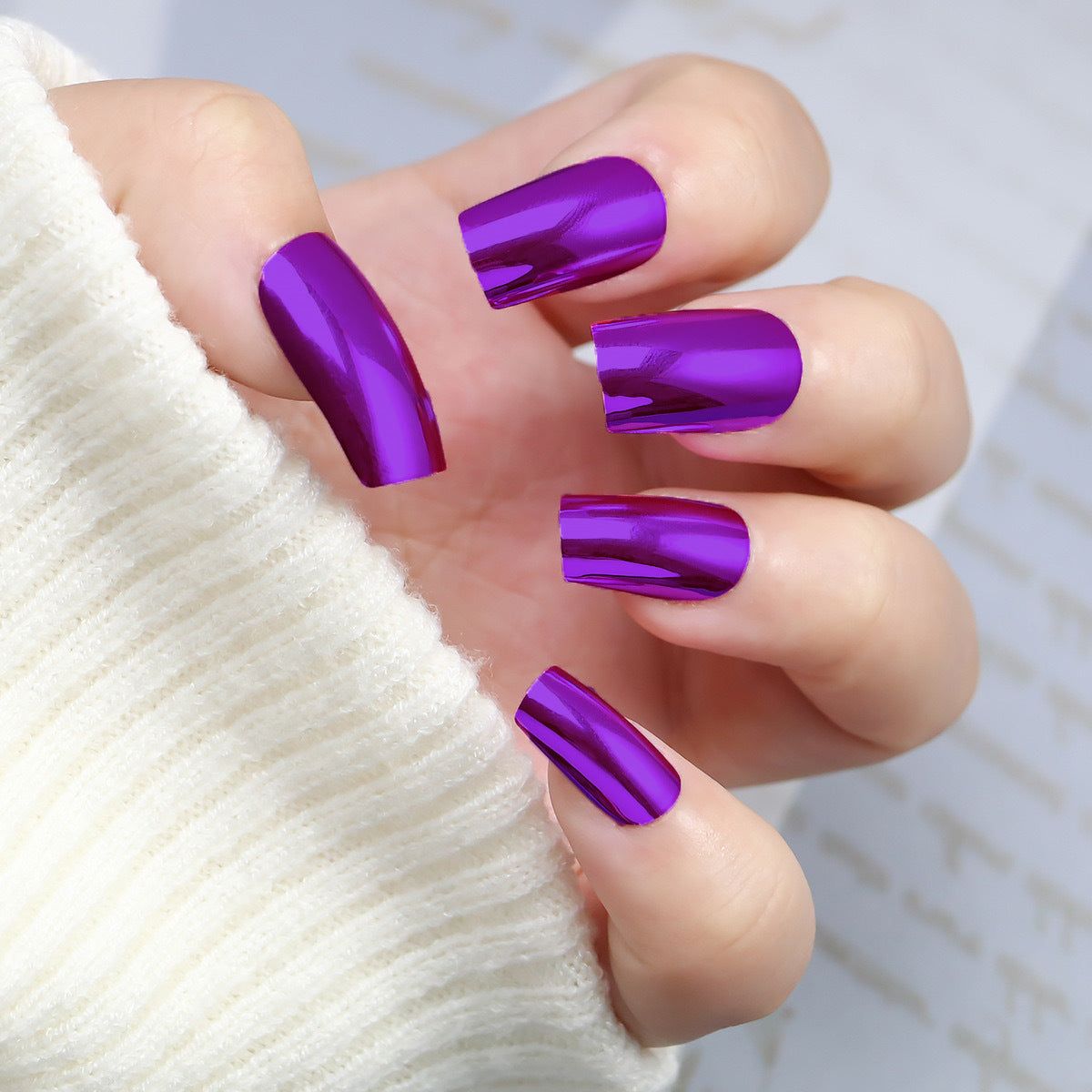Radiant Glamour Long Square Purple Press On Nail Set with Mirror Finish for Stunning Elegance