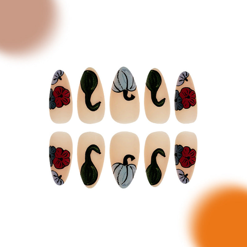 Autumn Blossom Long Stiletto Press On Nail Set in Cream with Floral Designs and Matte Finish