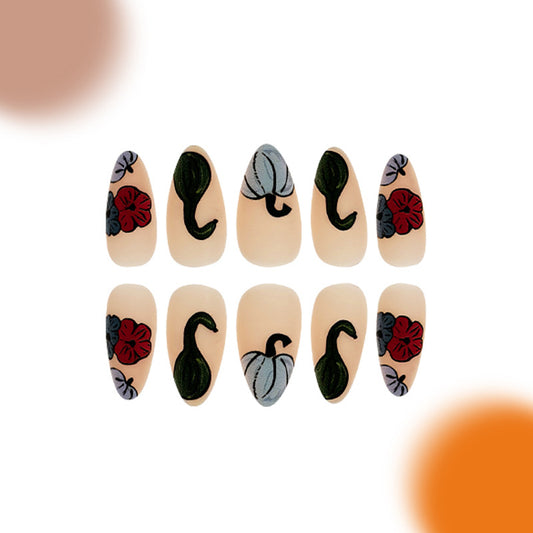Autumn Blossom Long Stiletto Press On Nail Set in Cream with Floral Designs and Matte Finish