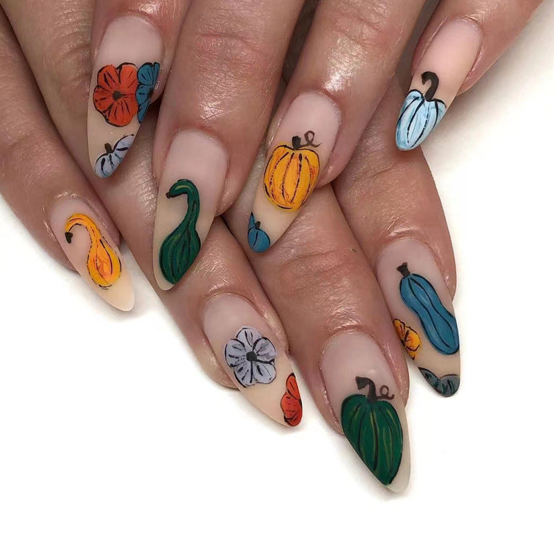 Harvest Delight Long Stiletto Press On Nail Set with Vibrant Gourd and Floral Art